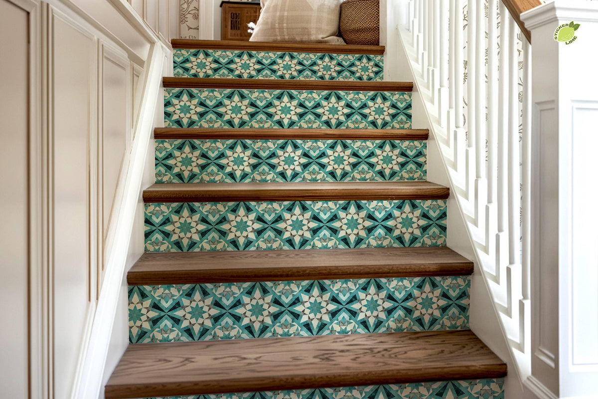 Blue & White Rustic Moroccan Tile peel and stick stair riser decals, photo 8 of 8