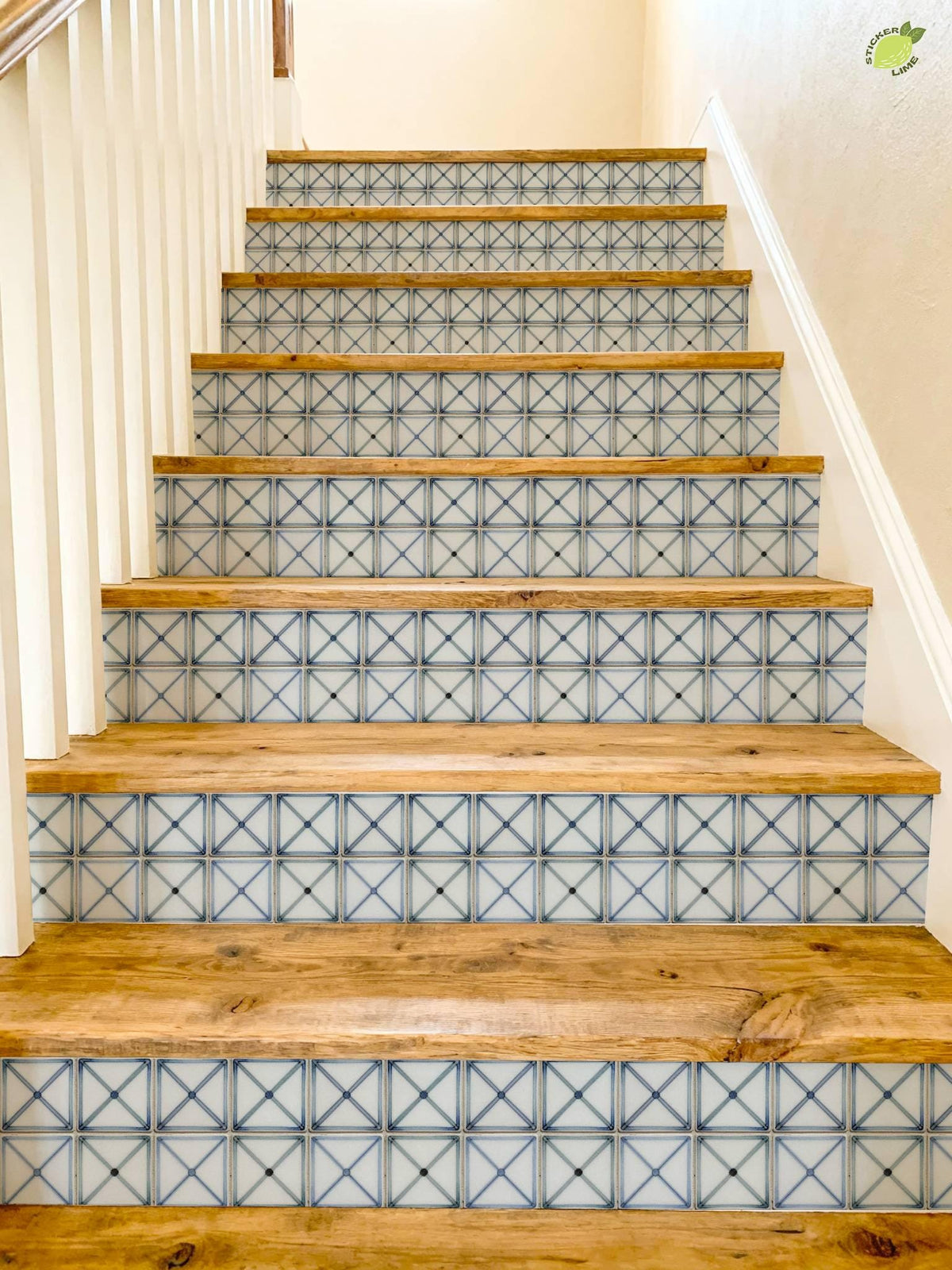 Blue Cross Geometric Hand Painted peel and stick stair riser decals, photo 8 of 8