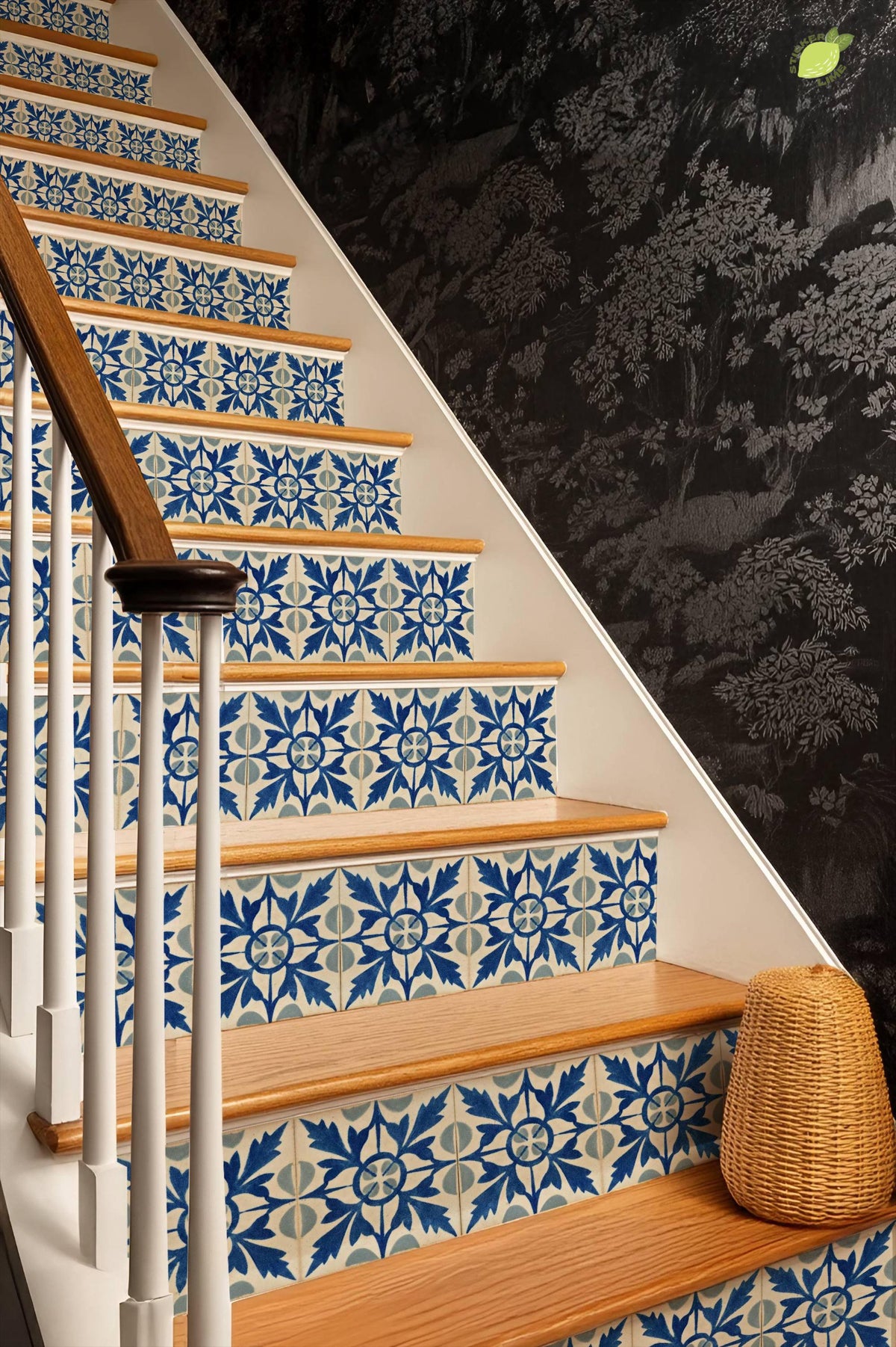 Blue Portuguese Leaf peel and stick stair riser decals, photo 8 of 8