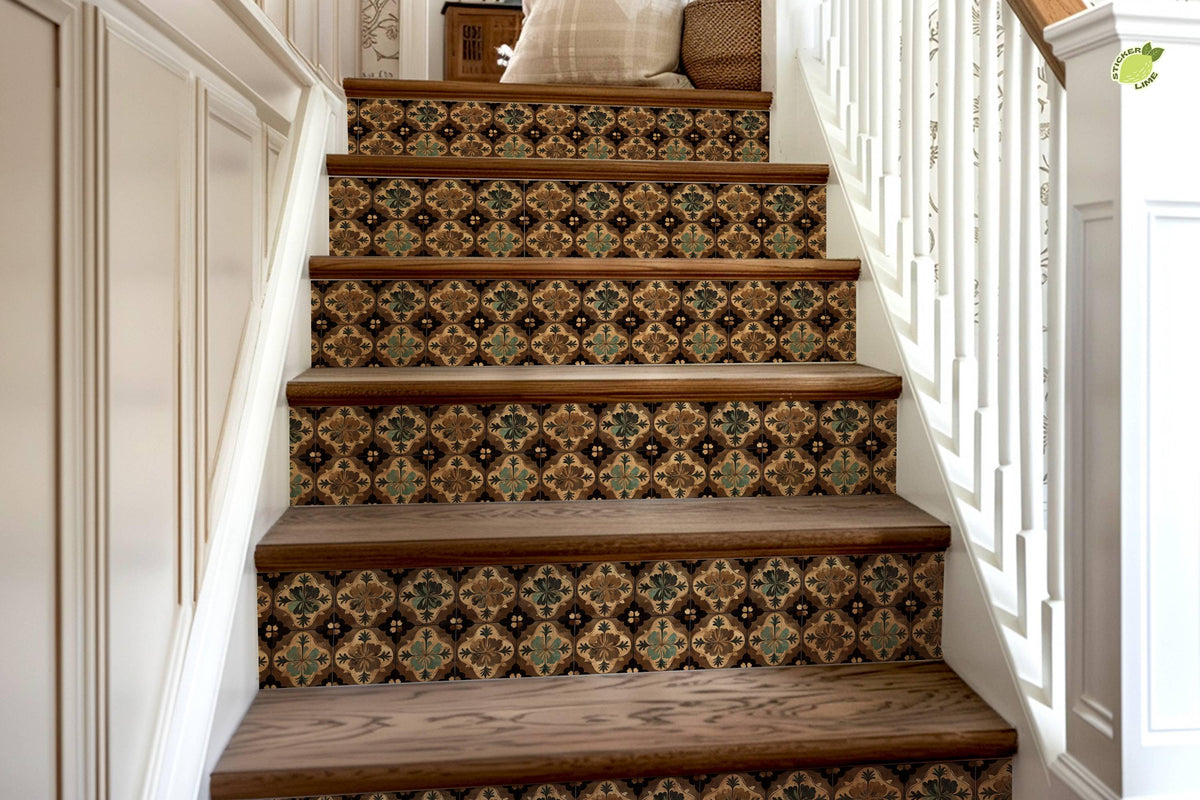 Brown & Beige Moroccan Tile peel and stick stair riser decals, photo 8 of 8