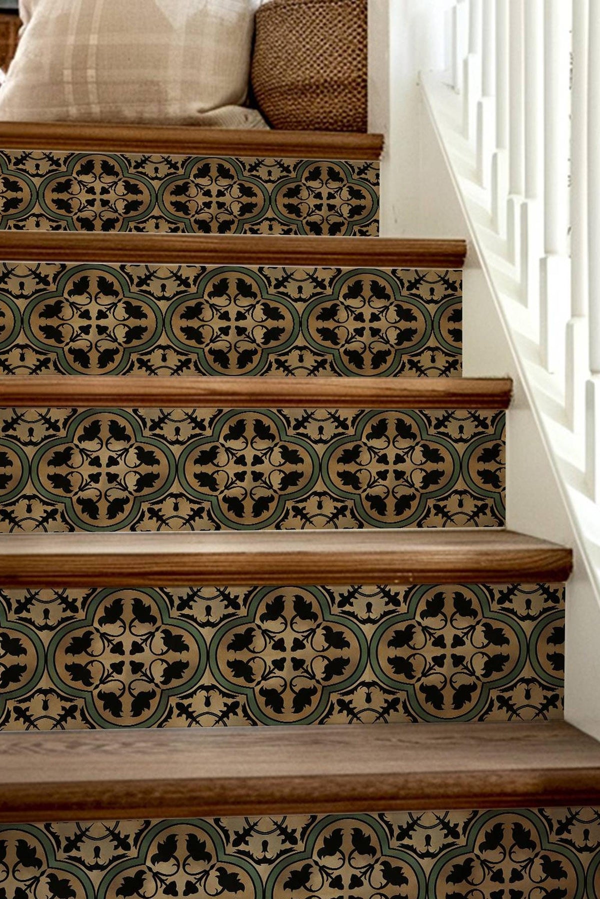 Brown & Green Moroccan Tile peel and stick stair riser decals, photo 8 of 8