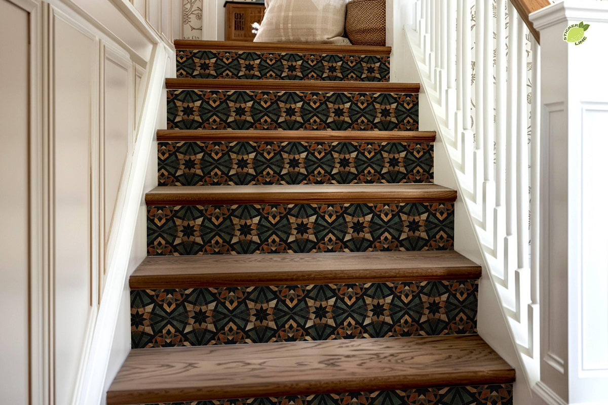 Brown & Green Rustic Moroccan Tile peel and stick stair riser decals, photo 8 of 8