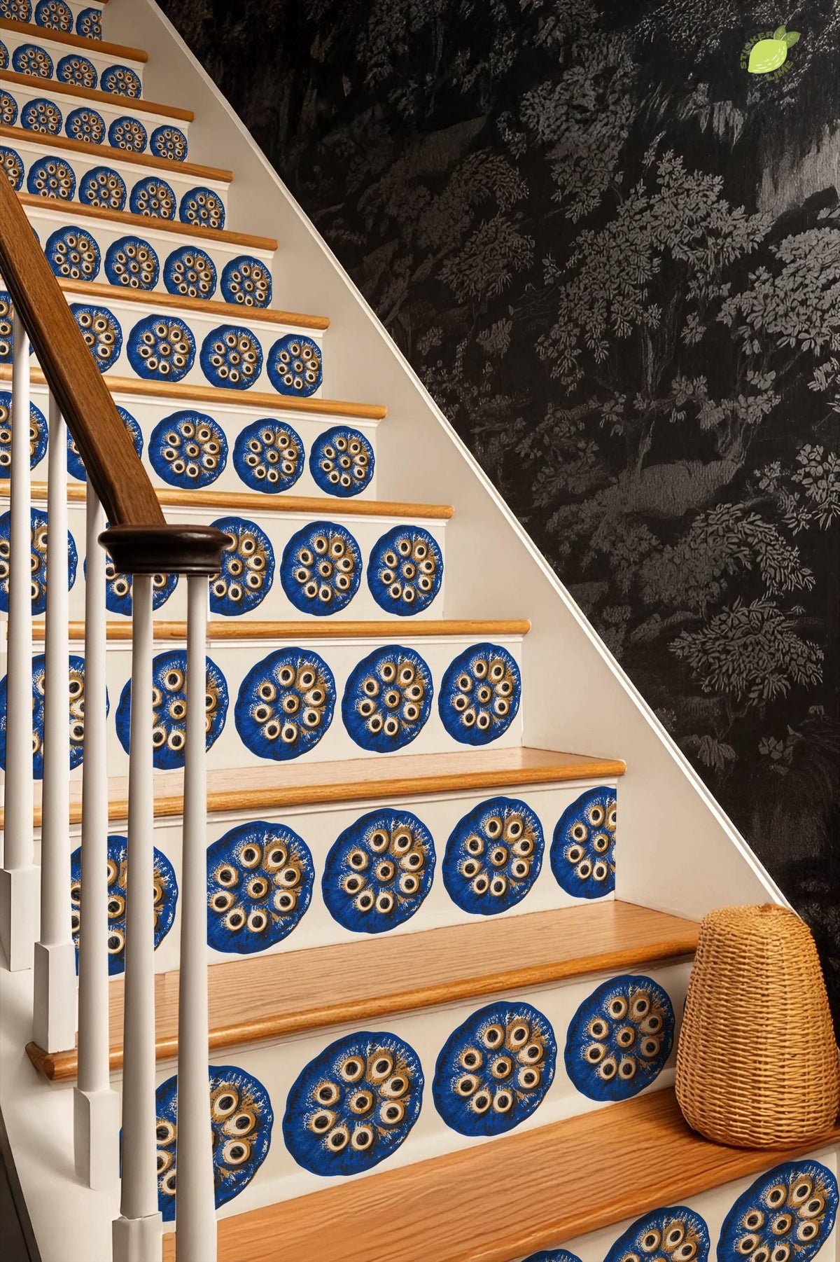 Cobalt Lotus Seed Pod Screen Print peel and stick stair riser decals, photo 8 of 8
