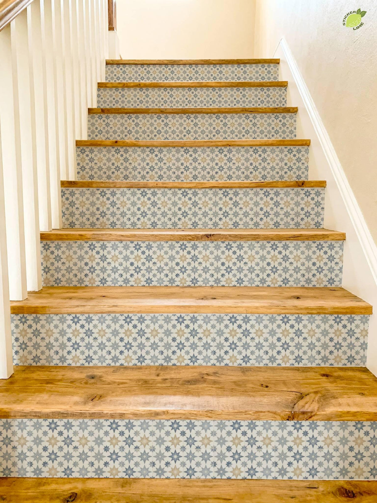 Dusty Blue Geometric Star Mosaic peel and stick stair riser decals, photo 8 of 8