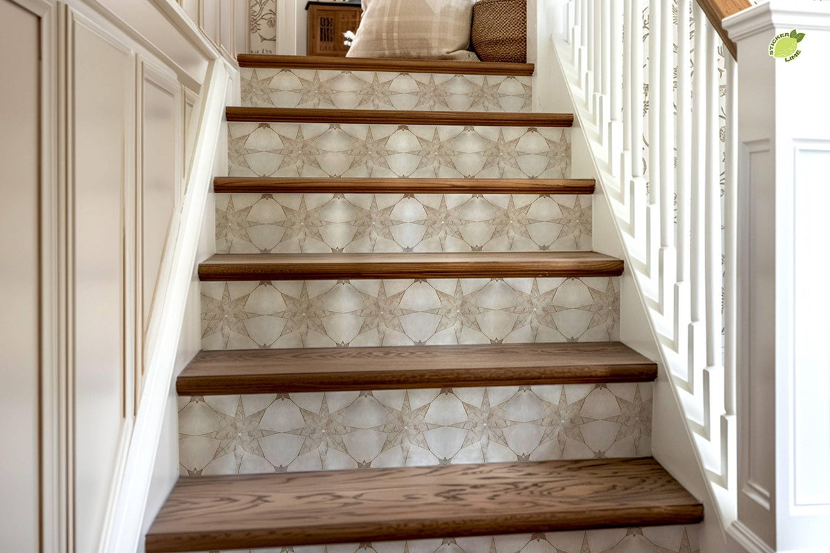White & Beige Boho Star Tile peel and stick stair riser decals, photo 8 of 8