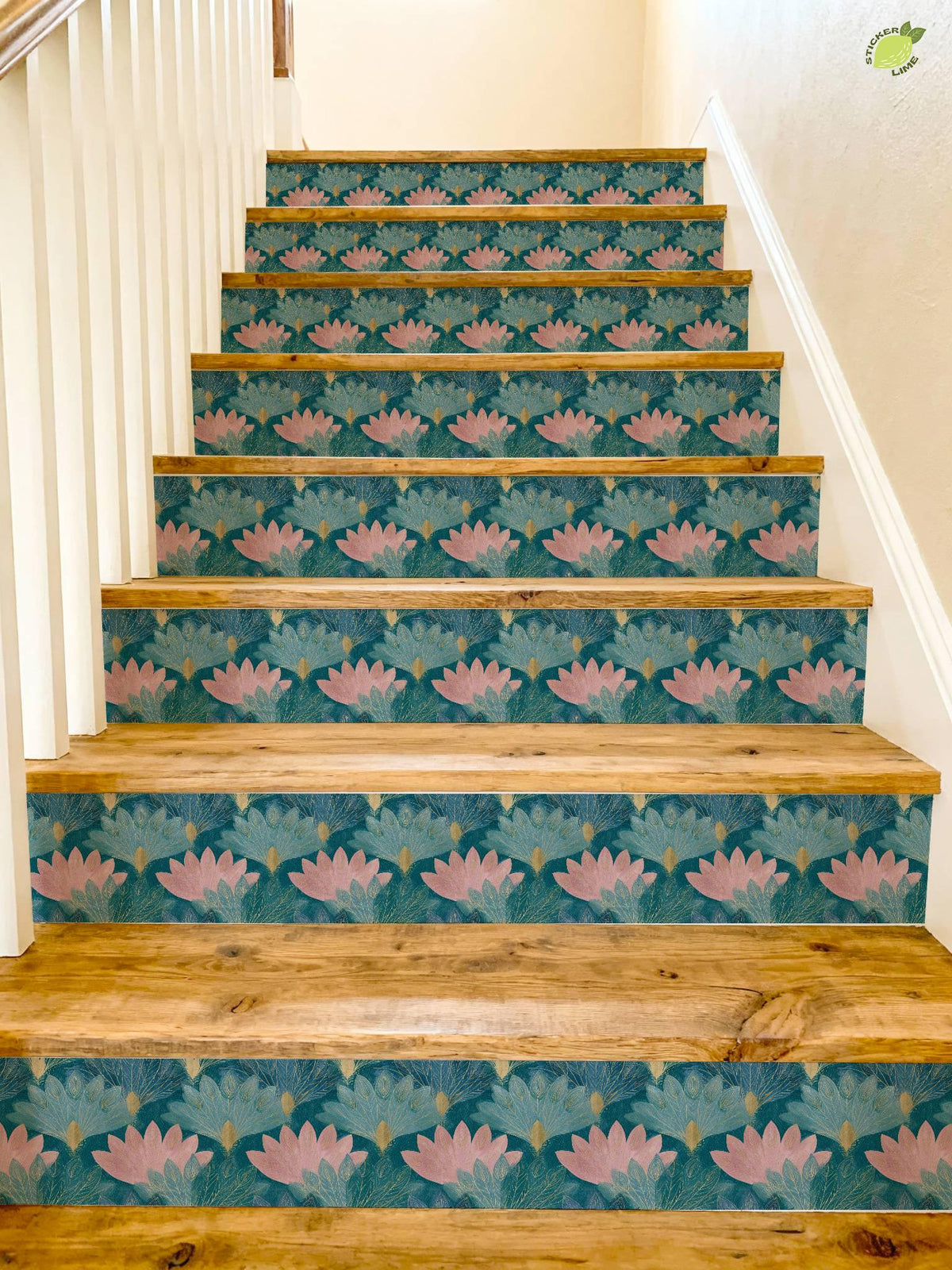 Teal and Blush Lotus Flower peel and stick stair riser decals, photo 8 of 8