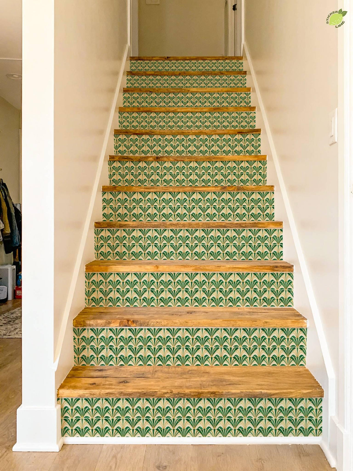 Emerald Art Deco Fan Tile peel and stick stair riser decals, photo 8 of 8