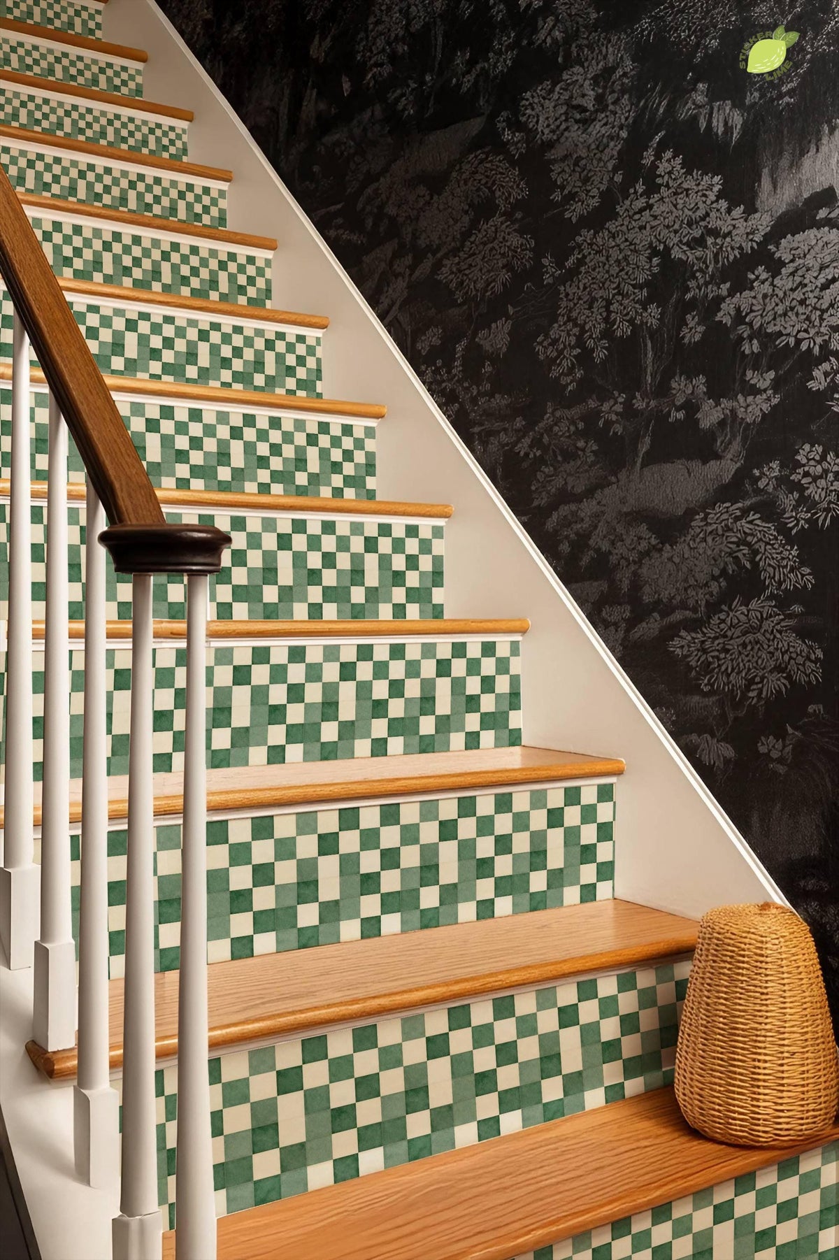 Forest Green Renter Friendly Checker Tile peel and stick stair riser decals, photo 8 of 8