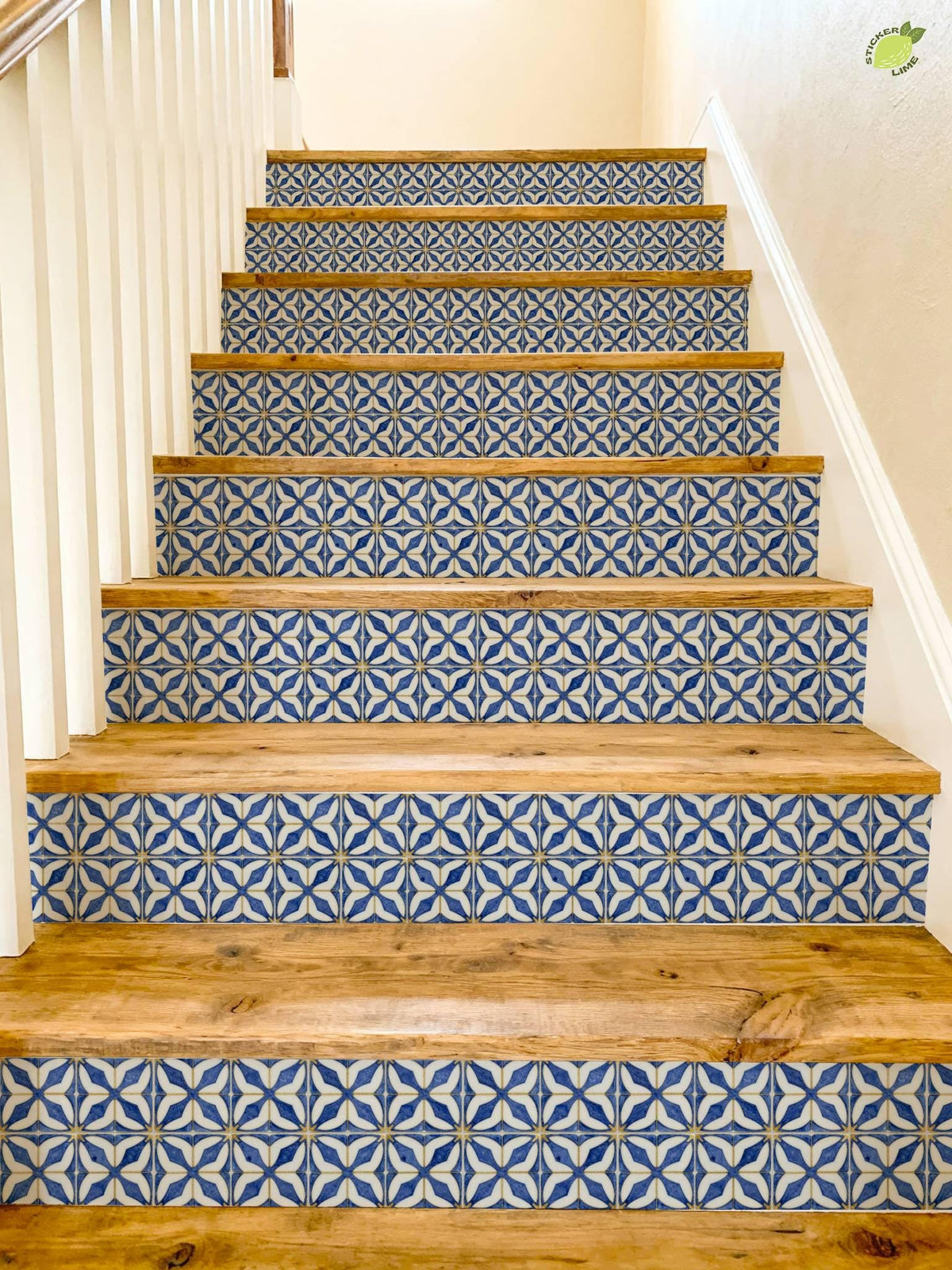 Indigo Arabesque Geometric Tile peel and stick stair riser decals, photo 8 of 8