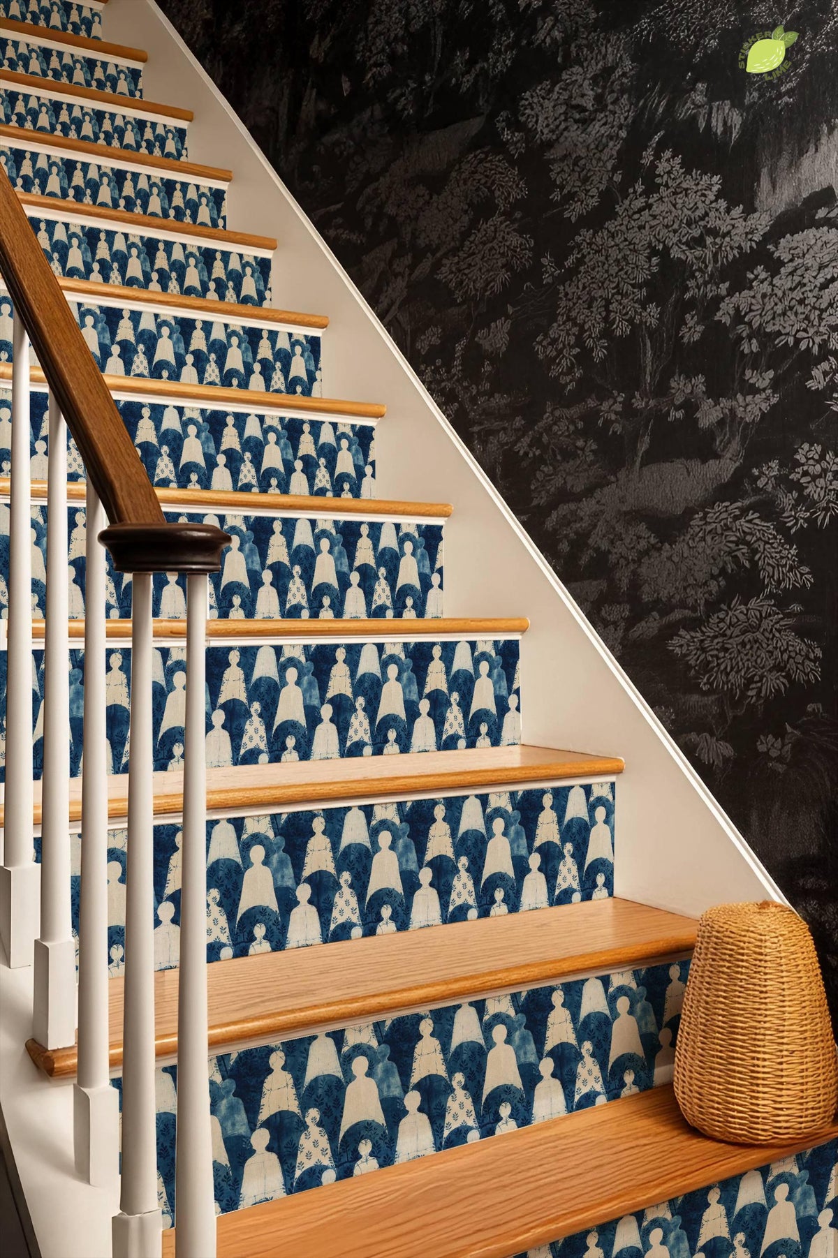 Indigo Block Printed Human Silhouette peel and stick stair riser decals, photo 8 of 8