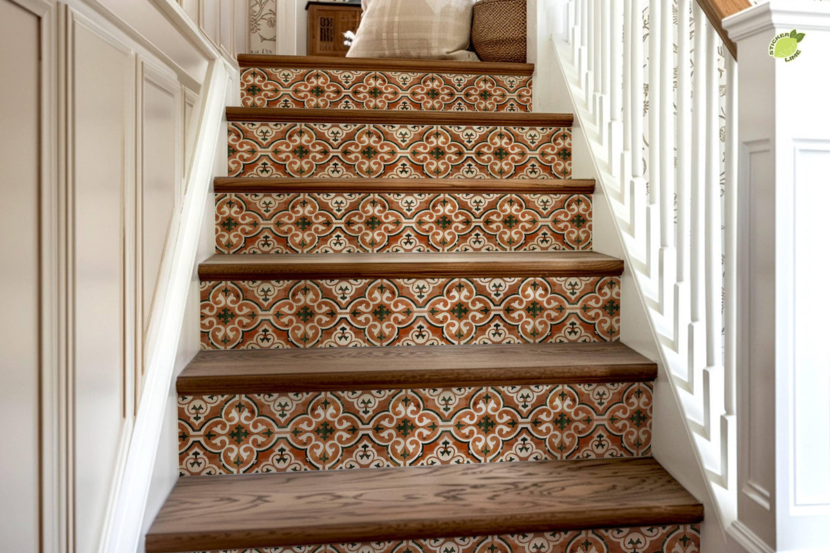 Brown & White Moroccan Tile peel and stick stair riser decals, photo 8 of 8