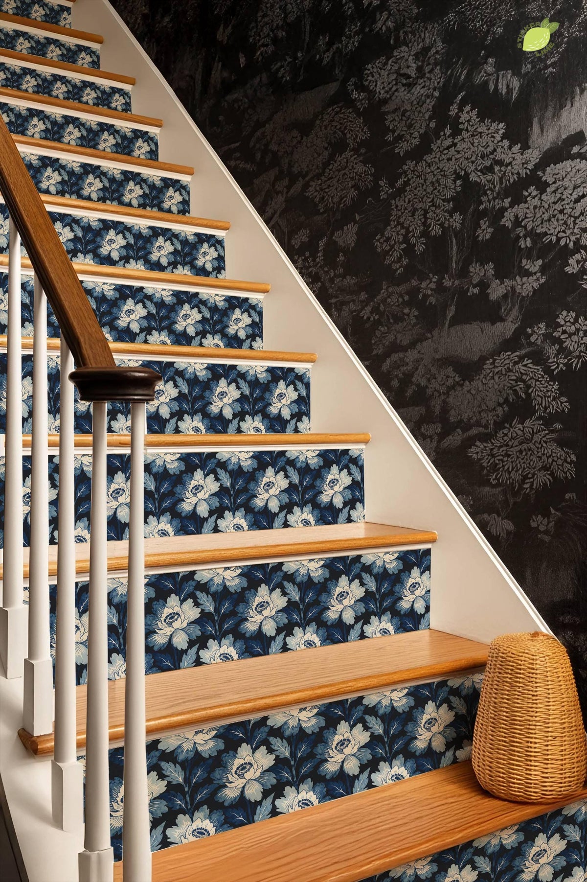 Navy Botanical Bloom peel and stick stair riser decals, photo 8 of 8