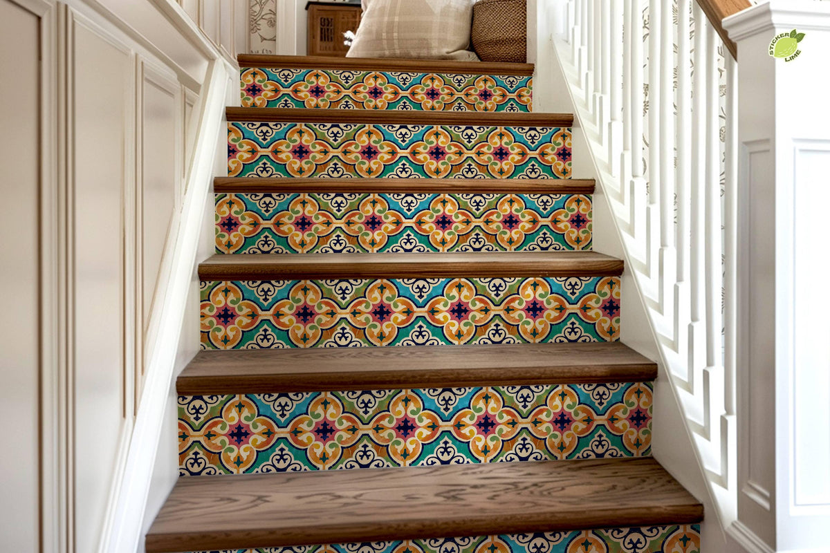 Orange & Pink Moroccan Tile peel and stick stair riser decals, photo 8 of 8