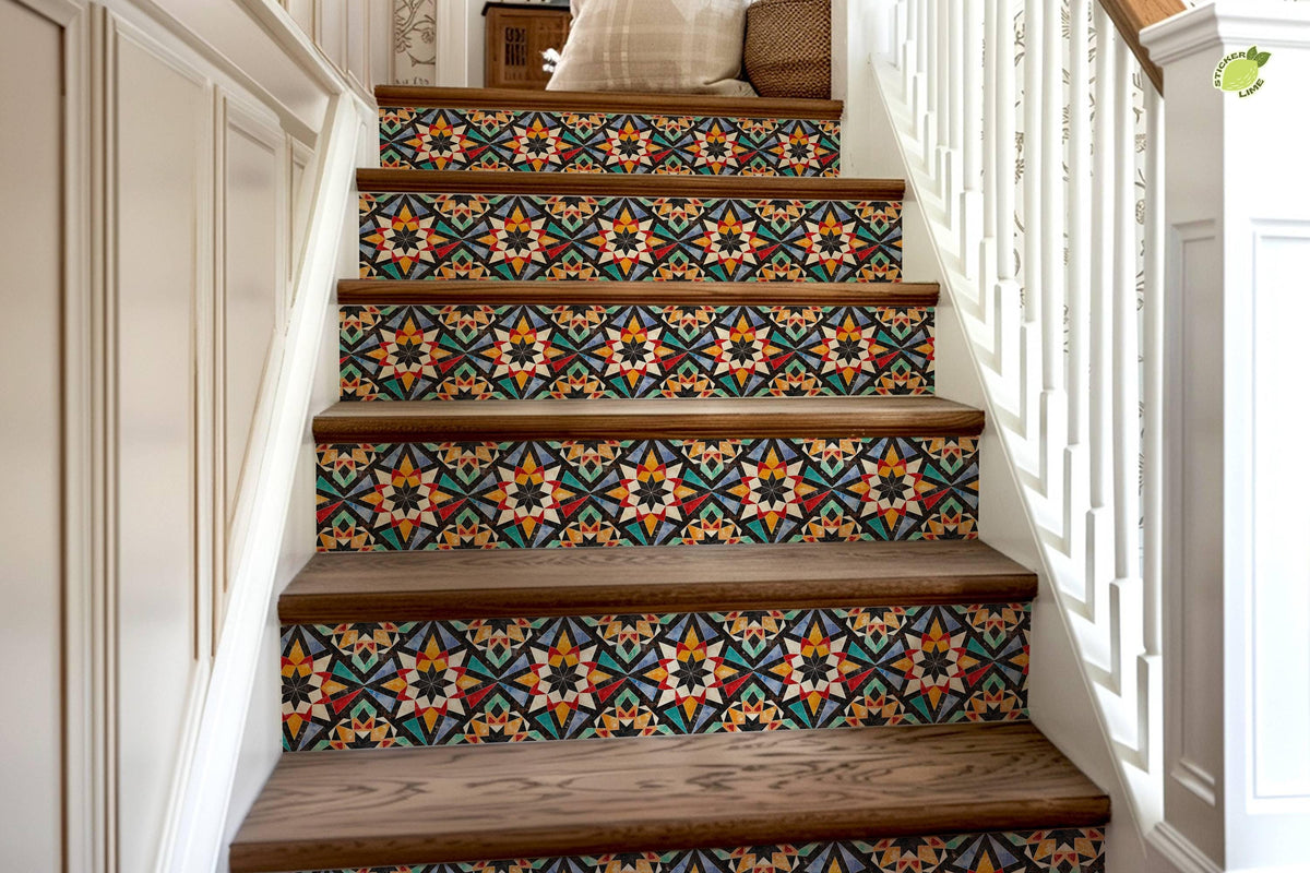 Orange & Red Rustic Moroccan Tile peel and stick stair riser decals, photo 8 of 8
