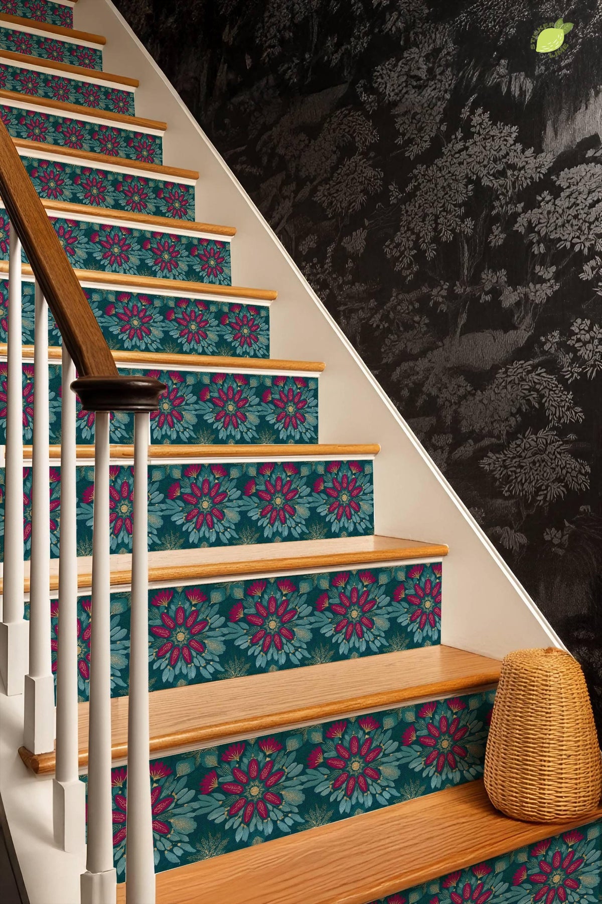 Teal and Magenta Floral Embroidery peel and stick stair riser decals, photo 8 of 8