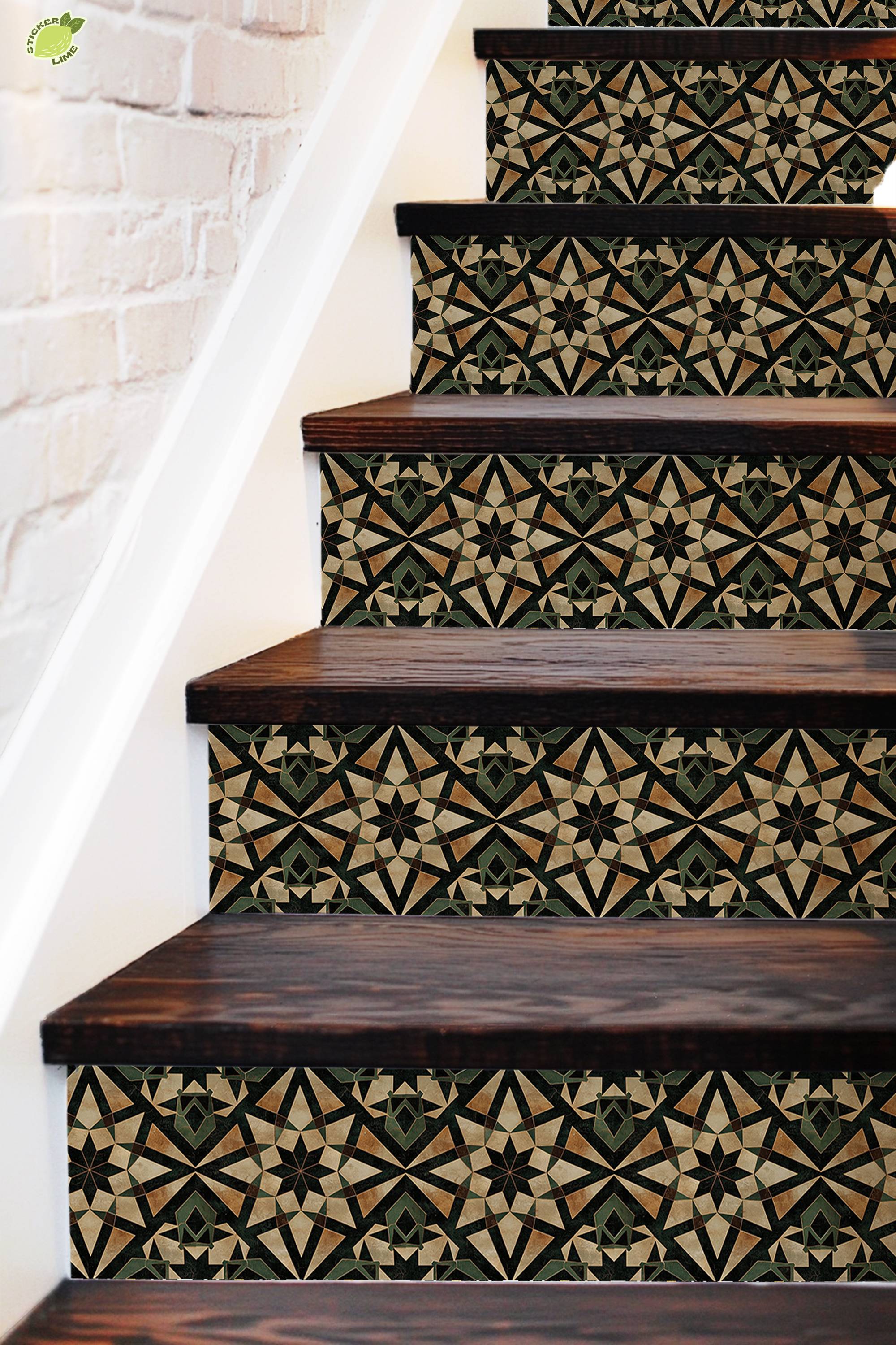 Rustic Green & Gold Moroccan Tile Pattern : Stair Riser Sticker Decals