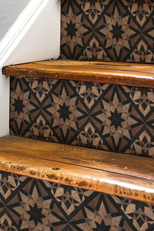 Rustic Brown & Black Moroccan Tile Pattern : Stair Riser Sticker Decals