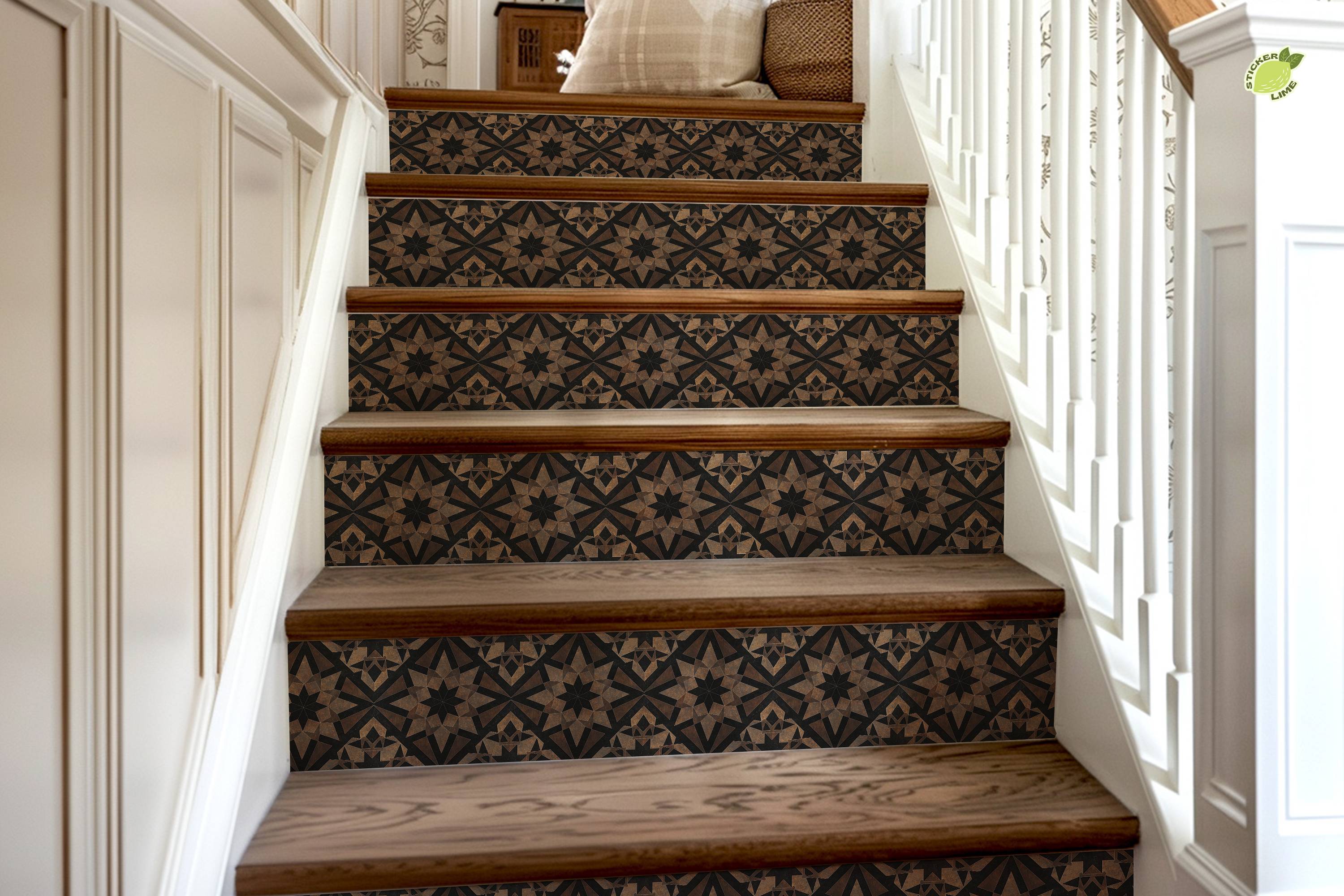Rustic Brown & Black Moroccan Tile Pattern : Stair Riser Sticker Decals