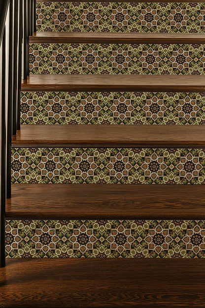 Artisanal Botanical Geometric Symmetry peel and stick stair riser decals