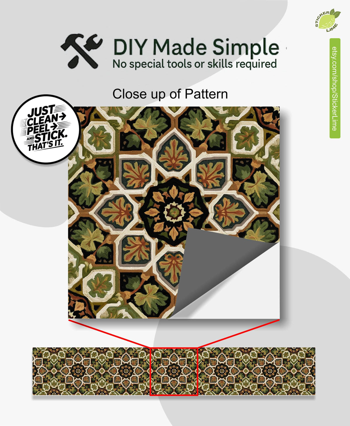 Artisanal Botanical Geometric Symmetry peel and stick stair riser decals, photo 2 of 8