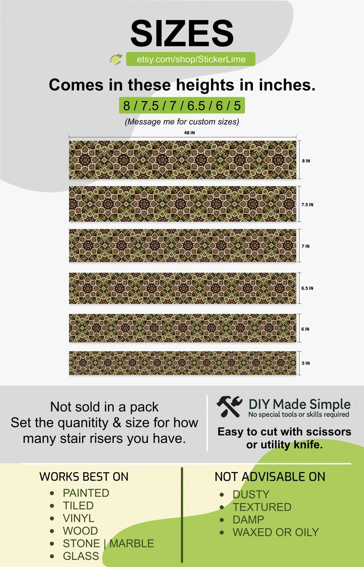Artisanal Botanical Geometric Symmetry peel and stick stair riser decals, photo 3 of 8