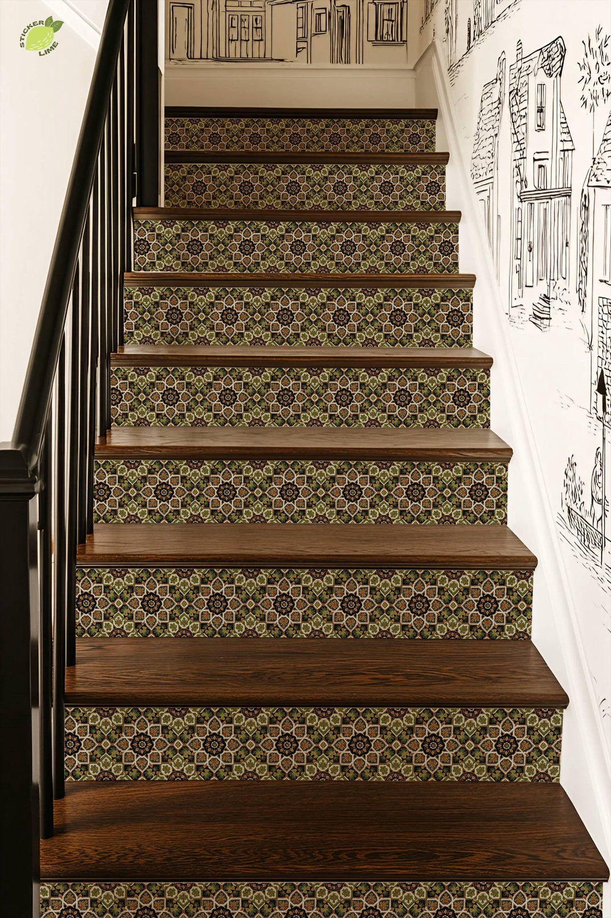 Artisanal Botanical Geometric Symmetry peel and stick stair riser decals, photo 4 of 8