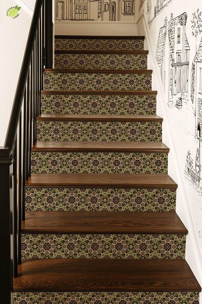 Artisanal Botanical Geometric Symmetry peel and stick stair riser decals, photo 4 of 8