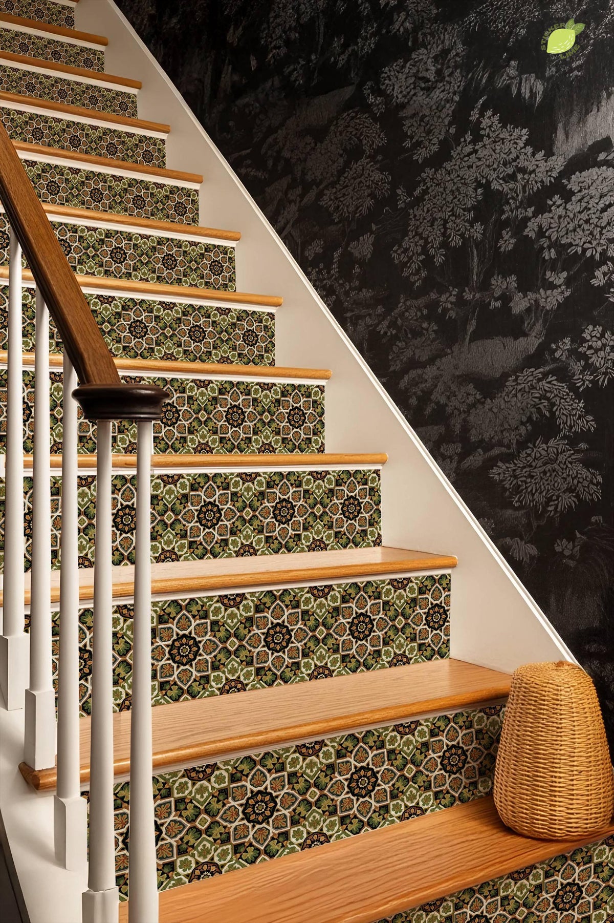 Artisanal Botanical Geometric Symmetry peel and stick stair riser decals, photo 6 of 8