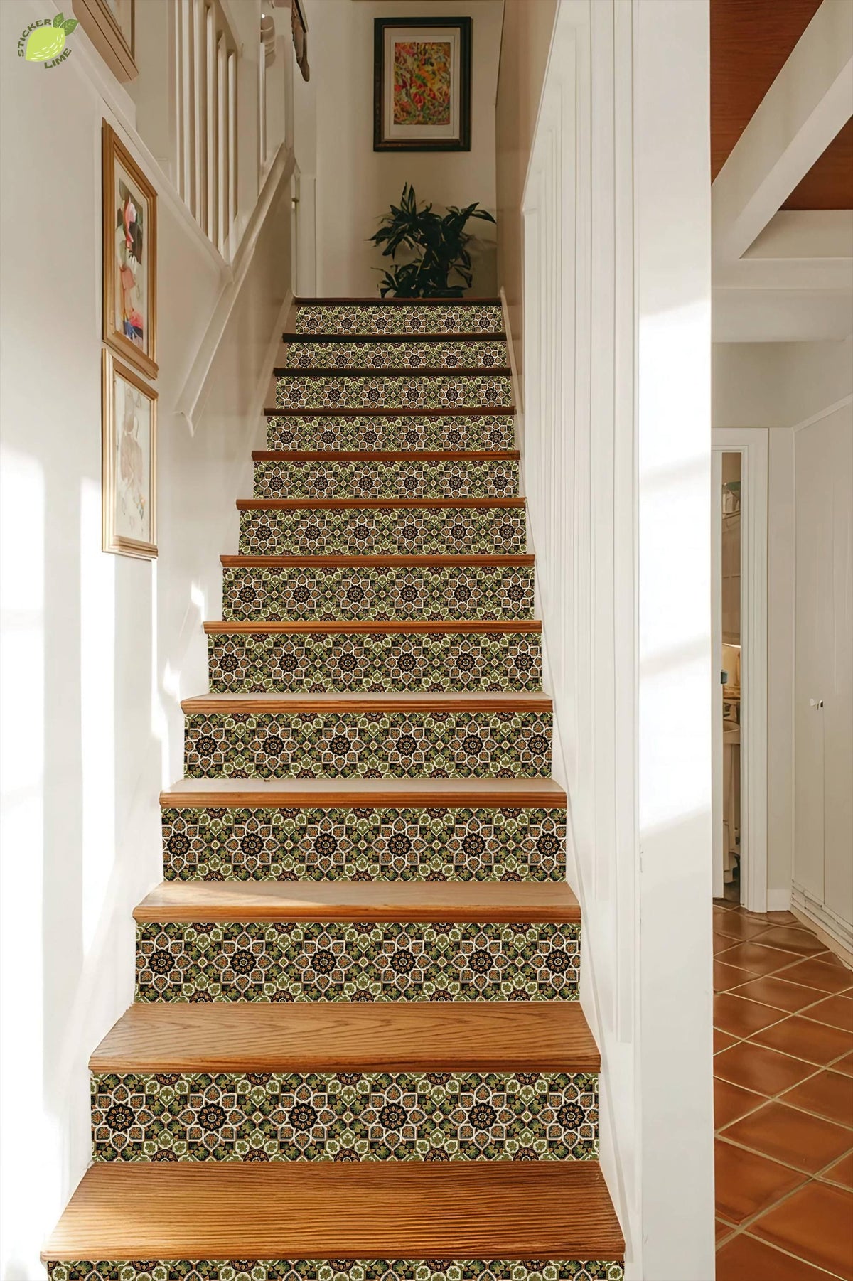 Artisanal Botanical Geometric Symmetry peel and stick stair riser decals, photo 7 of 8