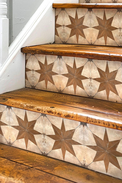 Beige & Brown Boho Star Tile peel and stick stair riser decals