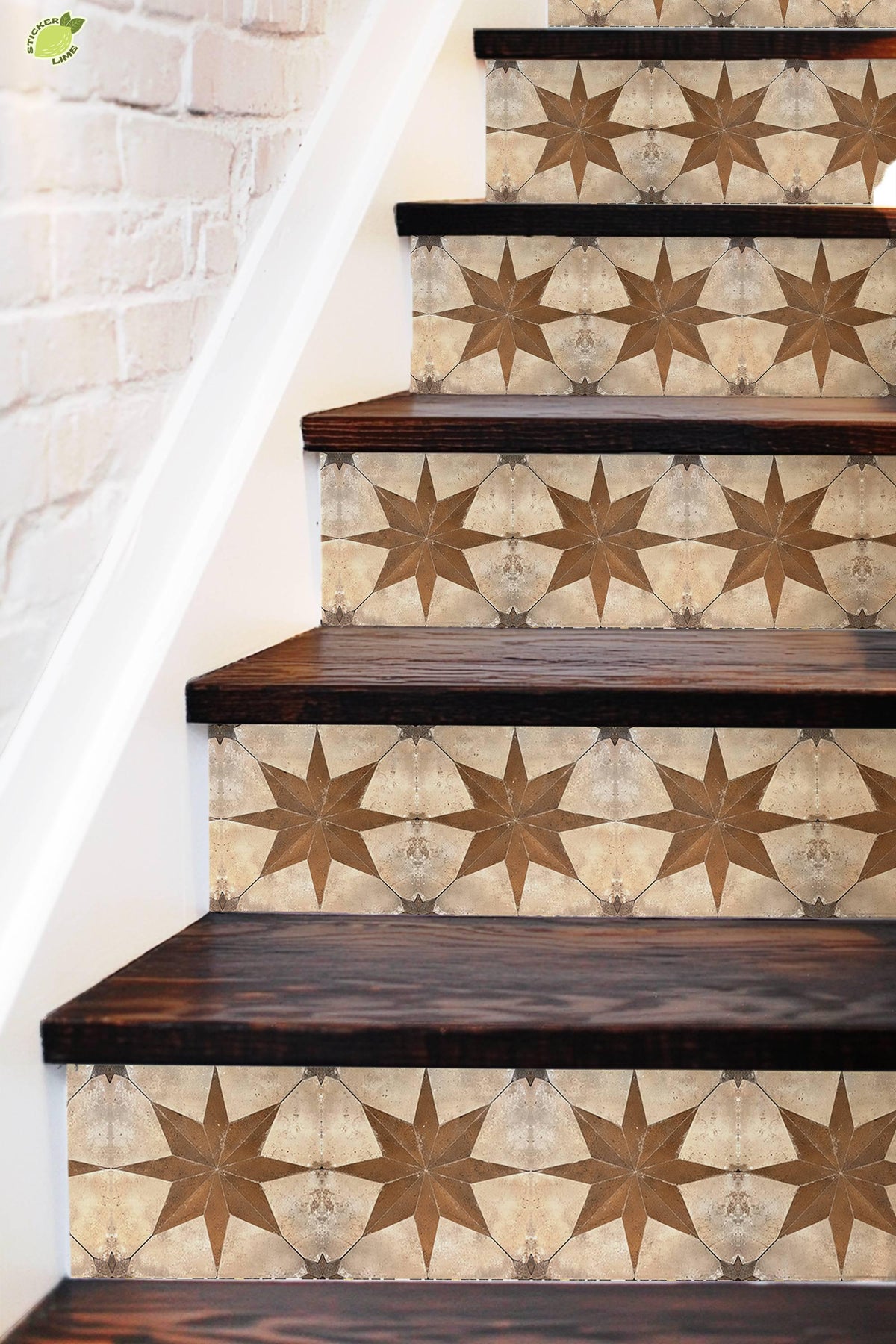 Beige & Brown Boho Star Tile peel and stick stair riser decals, photo 3 of 8
