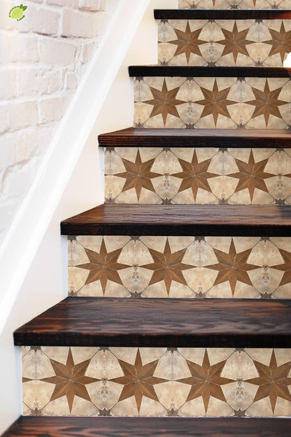 Beige & Brown Boho Star Tile peel and stick stair riser decals, photo 3 of 8