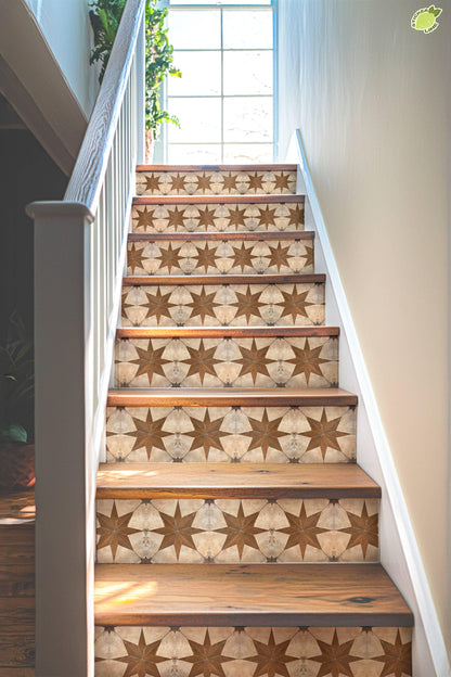 Beige & Brown Boho Star Tile peel and stick stair riser decals, photo 4 of 8