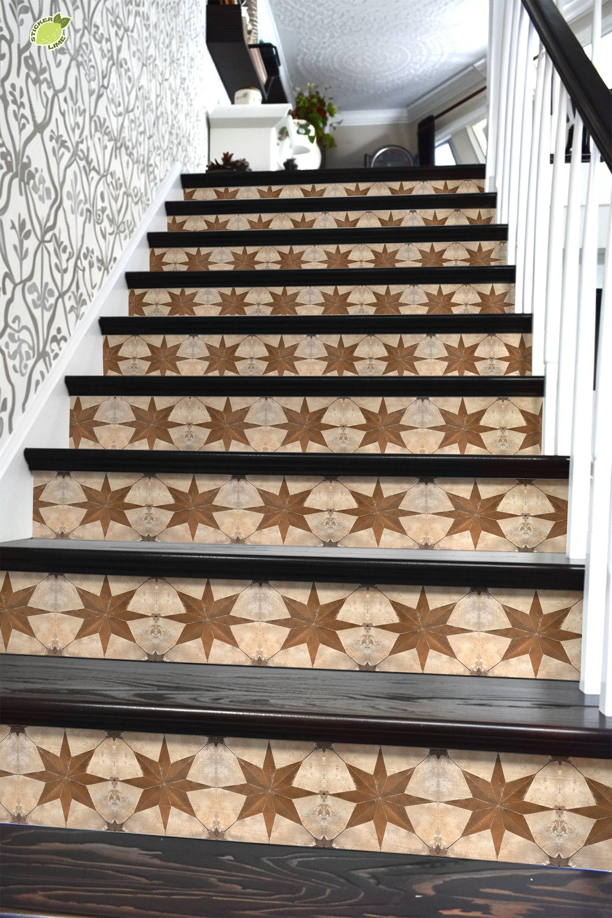 Beige & Brown Boho Star Tile peel and stick stair riser decals, photo 6 of 8