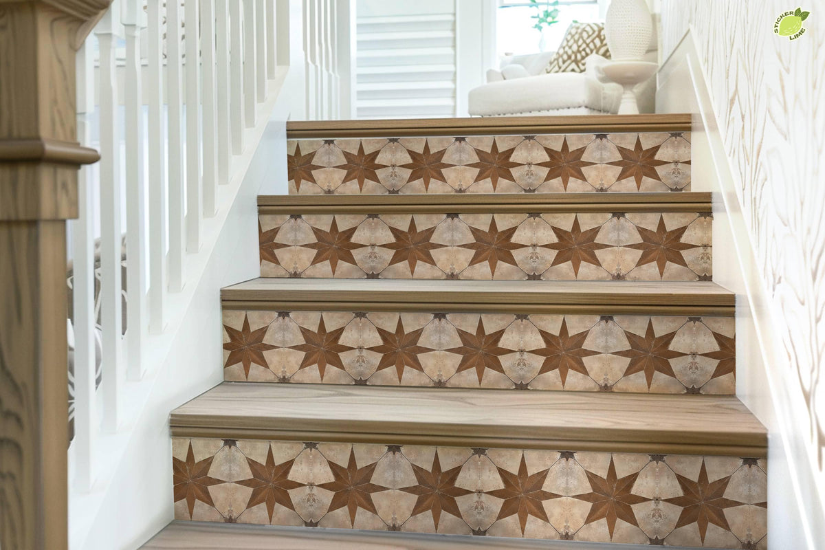 Beige & Brown Boho Star Tile peel and stick stair riser decals, photo 7 of 8