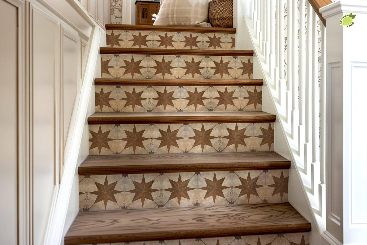 Beige & Brown Boho Star Tile peel and stick stair riser decals, photo 8 of 8