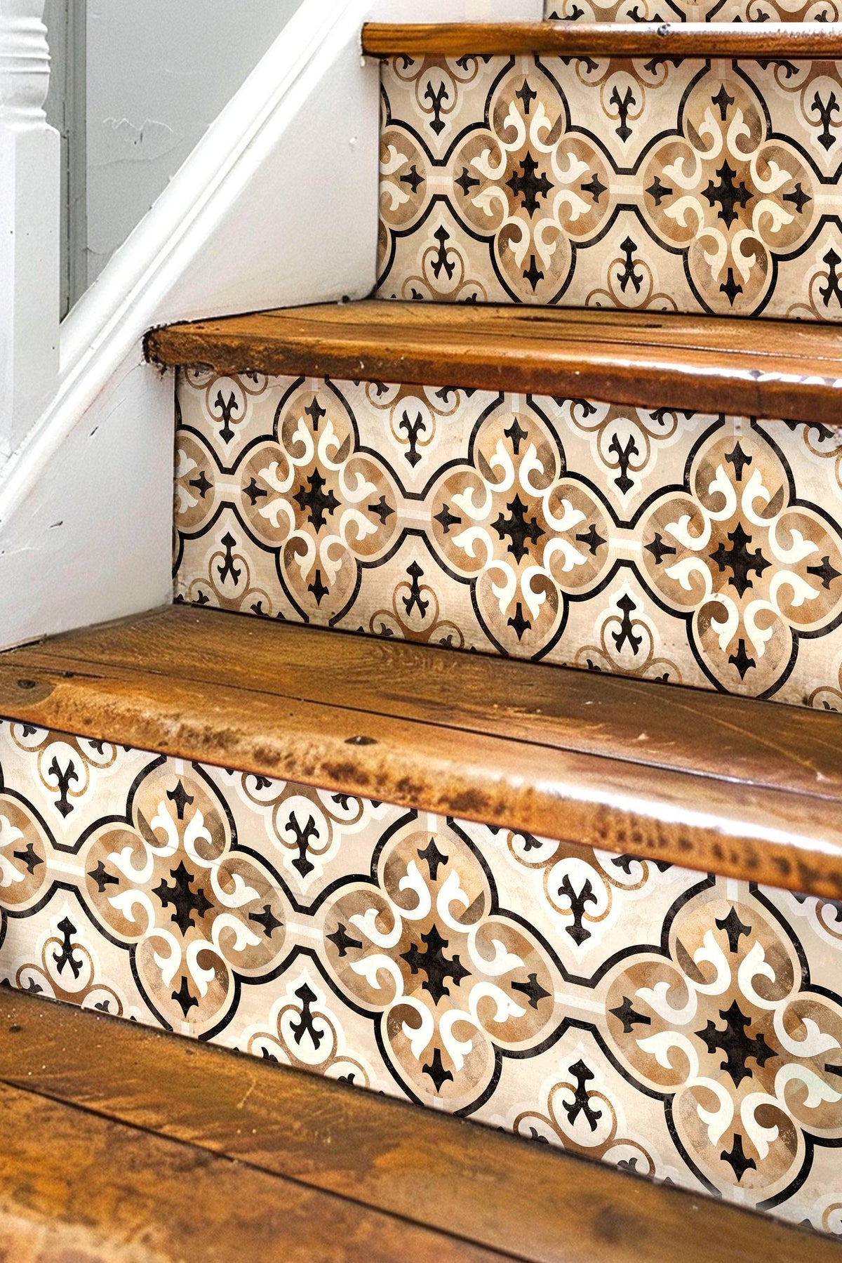 Beige & Brown Moroccan Tile peel and stick stair riser decals