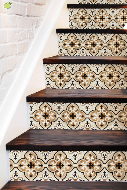 Beige & Brown Moroccan Tile peel and stick stair riser decals, photo 3 of 8