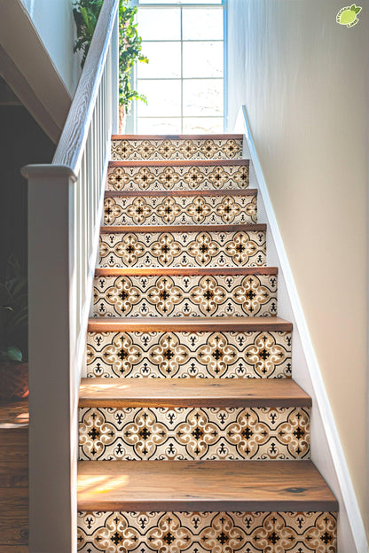 Beige & Brown Moroccan Tile peel and stick stair riser decals, photo 4 of 8