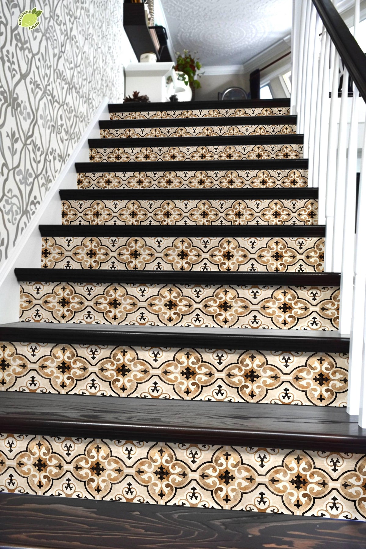 Beige & Brown Moroccan Tile peel and stick stair riser decals, photo 6 of 8
