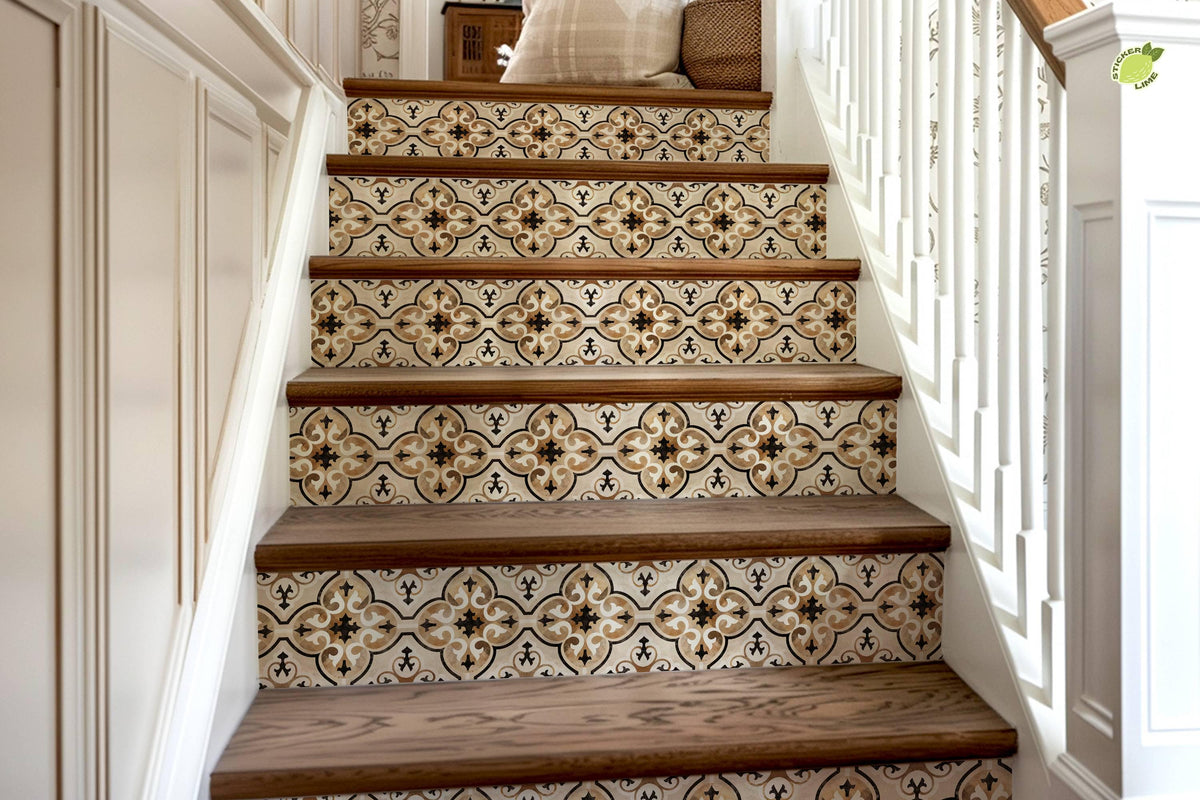Beige & Brown Moroccan Tile peel and stick stair riser decals, photo 8 of 8
