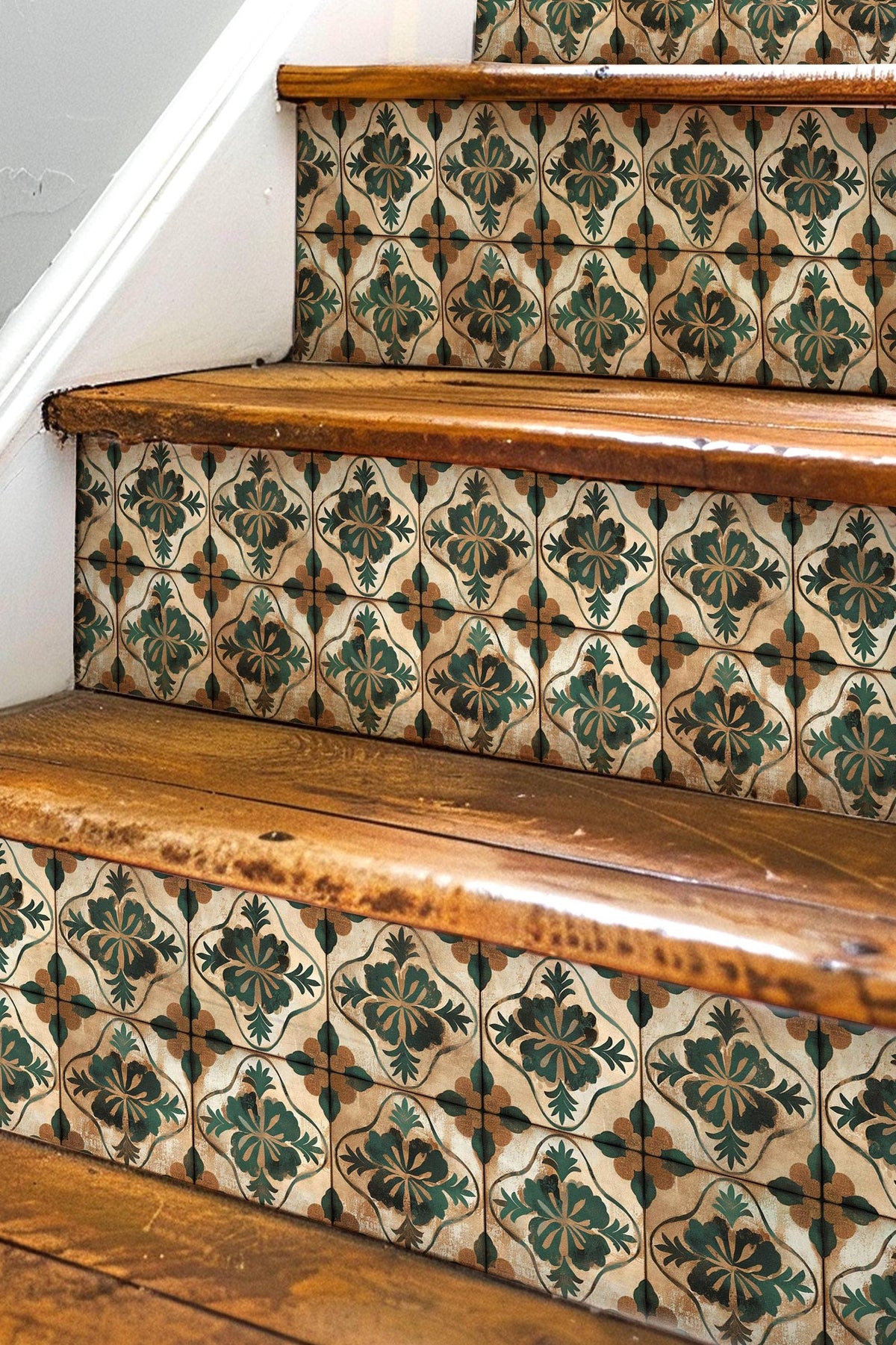 Beige & Green Medieval Tile peel and stick stair riser decals