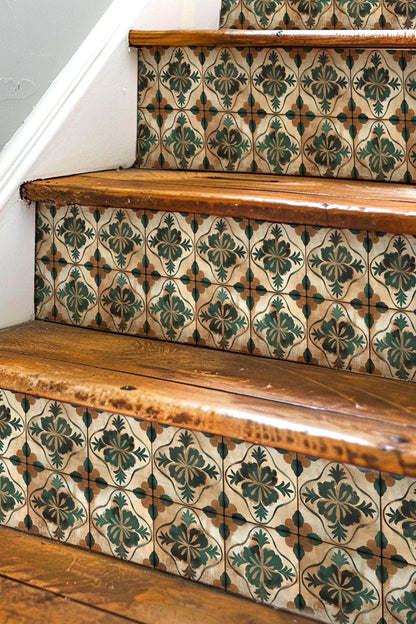 Beige & Green Medieval Tile peel and stick stair riser decals