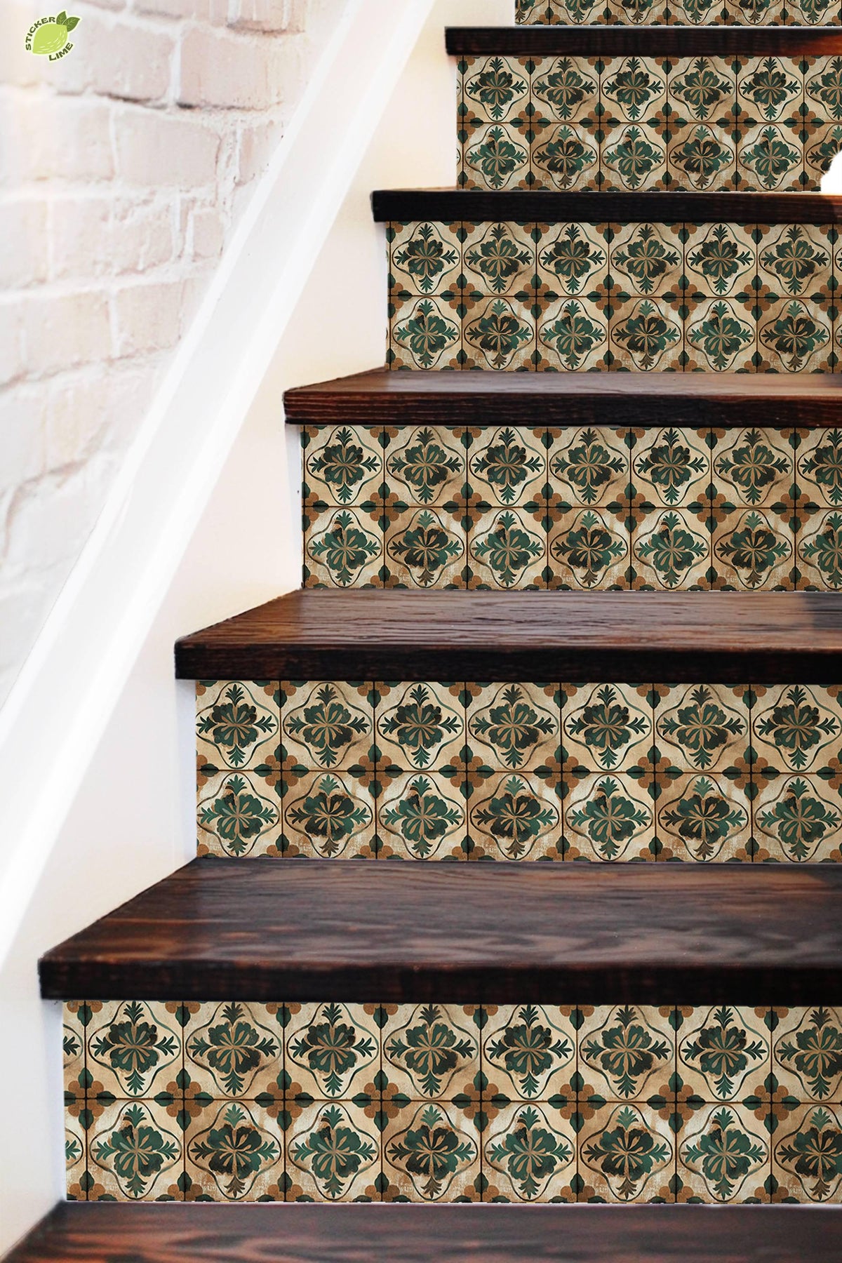 Beige & Green Medieval Tile peel and stick stair riser decals, photo 3 of 8