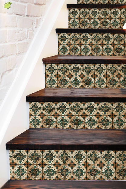 Beige & Green Medieval Tile peel and stick stair riser decals, photo 3 of 8
