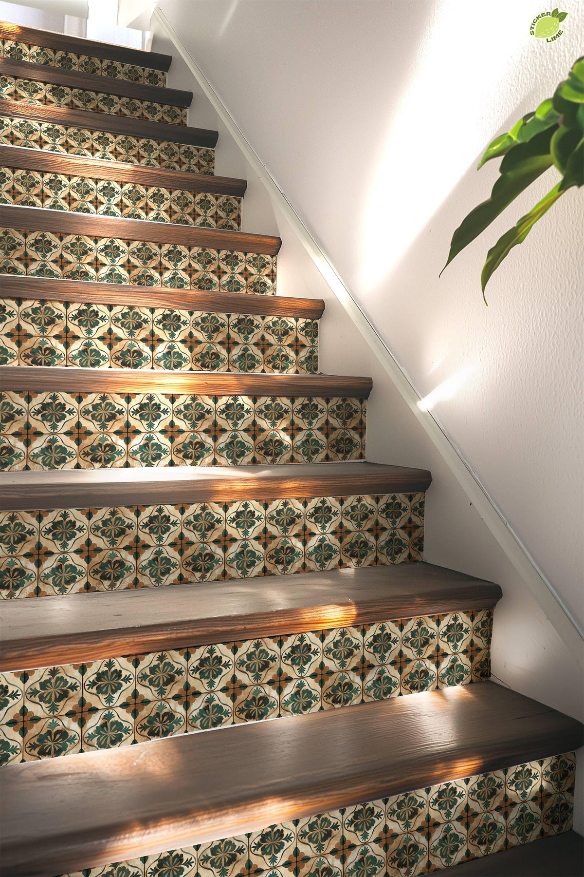 Beige & Green Medieval Tile peel and stick stair riser decals, photo 5 of 8