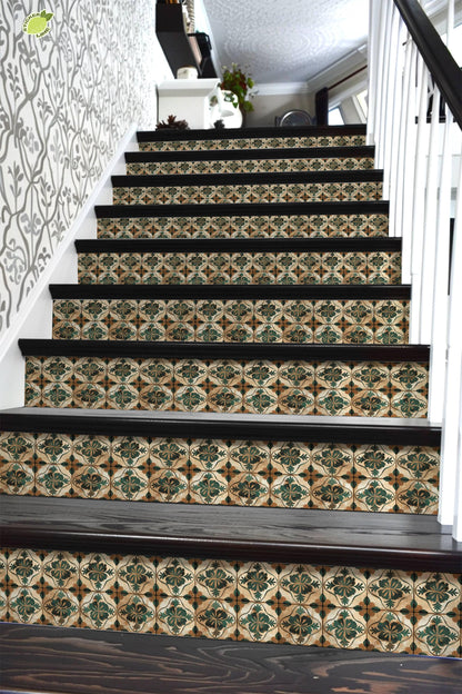 Beige & Green Medieval Tile peel and stick stair riser decals, photo 6 of 8