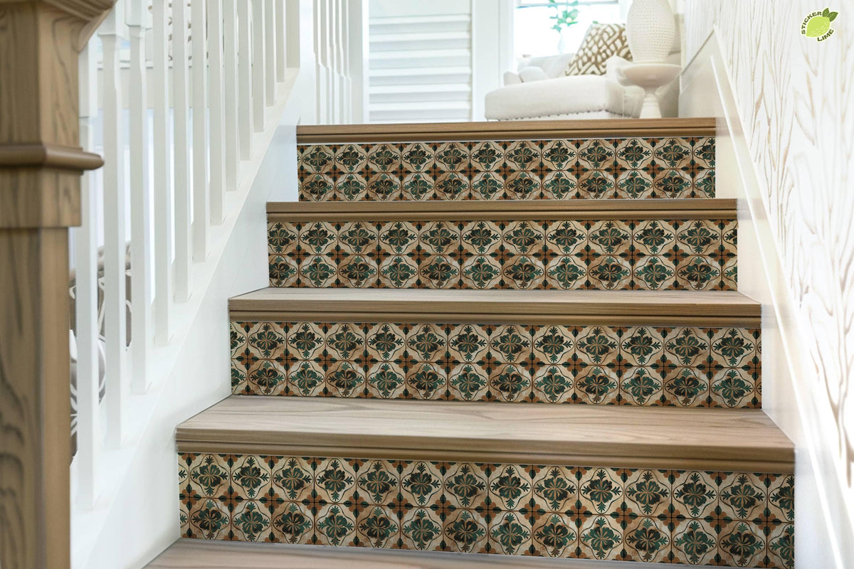 Beige & Green Medieval Tile peel and stick stair riser decals, photo 7 of 8