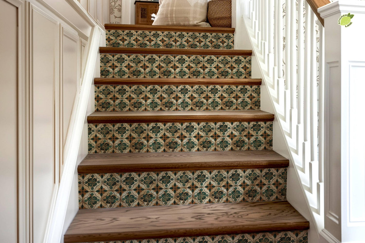 Beige & Green Medieval Tile peel and stick stair riser decals, photo 8 of 8