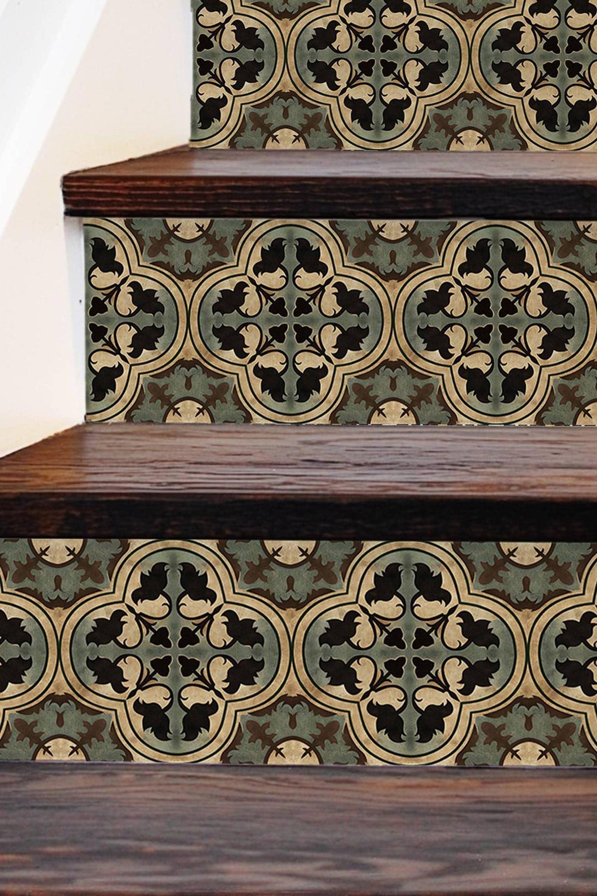 Beige & Green Moroccan Tile peel and stick stair riser decals, photo 3 of 8